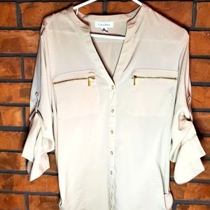 CALVIN KLEIN Beige long-sleeved adjustable blouse size M